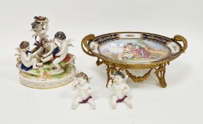 French porcelain Sevres-style gilt metal mounted oval footed dish, 20th century, spurious Chateau de