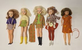Five Pedigree Sindy dolls, circa late 1960's, two with blonde hair, two with auburn hair and one