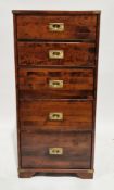 Modern mahogany effect campaign style tall chest of five graduated drawers with brass recessed