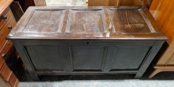 Antique oak coffer, with framed panel top and front, measuring approximately 68cm high x 128cm