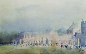 Javier Sagarzazu (Spanish, b.1946) Watercolour Figures outside a country house, signed and dated '90