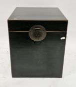 Modern Chinese style storage box, of square form with a black lacquered finish and metal clasp, 60cm