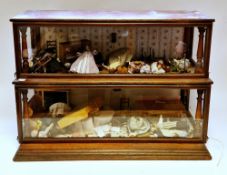 Quantity of bisque doll's house dolls and accessories to include piano, chairs, dining table, etc