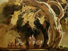 G.D. Paulraj (India, 1914-1989) Watercolour Bullock carts and gariwals traveling through woodland,