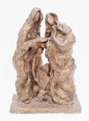 20th century bronze effect group depicting two cloaked figures with two child figures between,