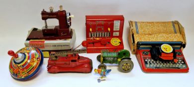 Quantity of Tinplate childrens toys to include Codeg 879566 Phone, Mettoy Tractor, Mettoy Mettype