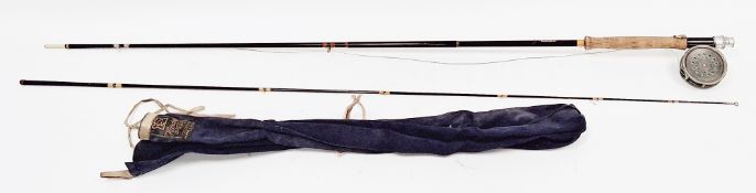 Hardy reel 'Perfect' fly wheel attached to a Hardy Jet two-piece rod