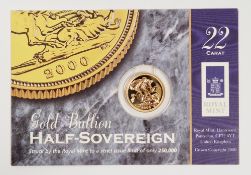 Elizabeth II 2000 gold bullion half sovereign, on original Royal Mint card and packet