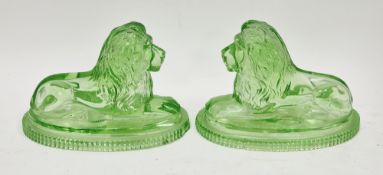 Pair of John Derbyshire green uranium glass press-moulded paperweights in the form of a recumbent
