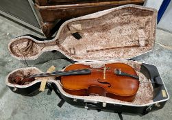 1/2 size cello with two piece back and ebony fingerboard together with bow, total height 126cm,
