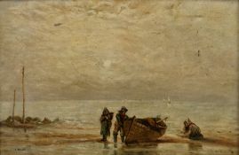 A. Bauer (late 19th/early 20th century) Oil on canvas Fisherfolk in seascape, signed lower left,