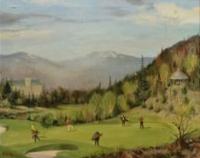 Bill McAnally (Scottish, 1920-2001) Oil on canvas Golfing scene with figures on a putting green,