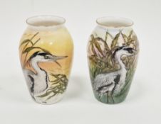 Two limited edition bone china oviform vases painted with birds by Helen Halloran, late 20th
