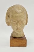 20th century plaster bust of a young girl wearing a hair band, unsigned, mounted on a square oak