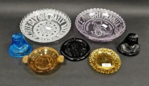 Six pieces of coloured commemorative Victorian pressed glass items to include a 'Rule Britannia'