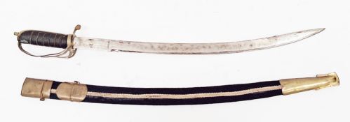 Indian cavalry style sword, the curved blade with etched floral design, brass leather grip, in a