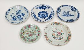 Three Dutch Delft blue and white plates, a Chinese Export famille rose plate and a Chinese celadon
