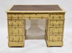 19th century mahogany twin pedestal desk of small proportions, later distressed yellow painted,