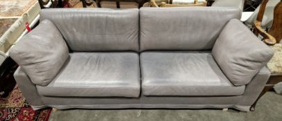 Danish Dux grey leather three seater sofa, on turned pale wooden legs, 76cm high x 197cm long x 84cm