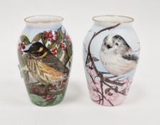 Two limited edition bone china oviform vases painted with birds by Helen Halloran, late 20th