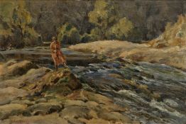H. Wharton? (20th century) Oil on canvas River scene with woman fly fishing, indistinctly signed