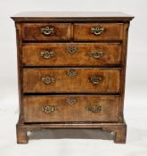 18th century walnut chest of drawers with crossbanded and ogee mould top, having two short and three