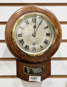 Early 20th century mahogany cased drop dial wall clock of small proportions, the silvered face