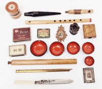 Mixed lot of collectable items including a treen whistle carved in the form of a bird, 15cm long,