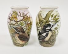 Two limited edition bone china oviform vases painted with birds by Helen Halloran, late 20th