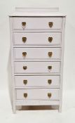 Pale lilac painted oak tall chest of six drawers, each drawer with two metal aesthetic style