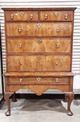 Mid-18th century crossbanded walnut chest on stand, the top with cavetto cornice, having two short