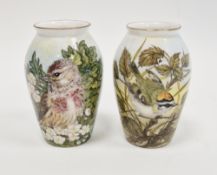 Two limited edition bone china oviform vases painted with birds by Helen Halloran, late 20th