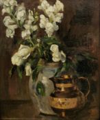 20th century English school Oil on panel Still life, lustre jug and flowers in a vase, unsigned,