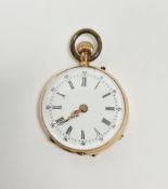 Continental 15ct gold small fob watch, button winding, the white enamel dial with Roman and Arabic