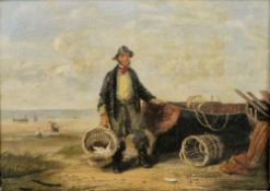 19th century British School   Oil on canvas Fisherman with his catch beside a boat, 15.5cm x 20.5 cm