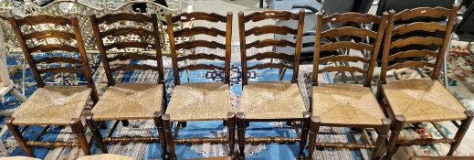 Set of six Yorkshire ash wavy line ladderback dining chairs with rush seats, 104cm high x 49cm