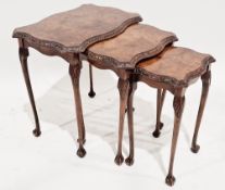 Reproduction figured wood nest trio occasional tables, largest table 55cm high x 53cm long x 38cm