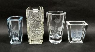 Four clear glass vases to include a Vicke Lindstrand for Orrefors flattened tapering vase with