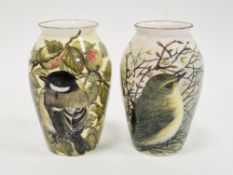 Two limited edition bone china oviform vases painted with birds by Helen Halloran, late 20th