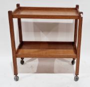 Mid century oak two tier serving trolley, with square supports on castors, 82cm high x 76cm long x