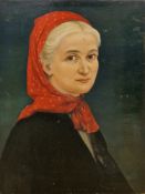 Unattributed (20th century) Oil on panel Portrait of a woman in red headscarf, unsigned, unframed,