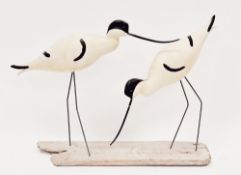 Mike Lythgoe (b. 1950), wooden carving of two pied avocet birds with metal legs and wooden plank