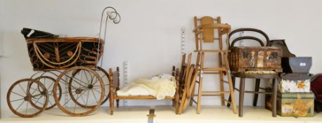 Children's furniture to include a pram, children's chairs, single bed, rocking bed and three boxes