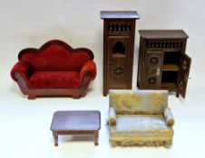 Large doll's furniture to include an antique sofa, dining table, red upholstered sofa and two