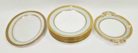 Minton porcelain armorial pale-green ground part dinner-service, impressed MINTON marks & date codes