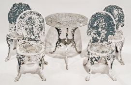 Victorian style cast alloy garden table and four chairs (white), later painted green which is
