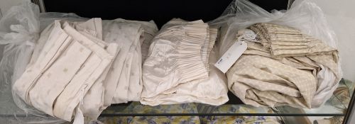 Two single curtains - one cream silk curtain, one Laura Ashley 'Wicker Work' pattern, fawn and cream