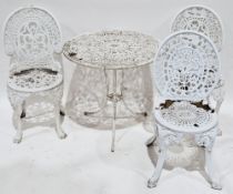 Victorian style white garden table and two chair set, together with a similar garden chair, table