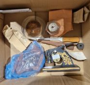 Mixed lot of collectables including a Victorian cast iron office stamp, a teak page turner made from