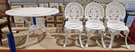 Victorian style white garden circular table and four chairs set, table measures 69cm high x 106cm